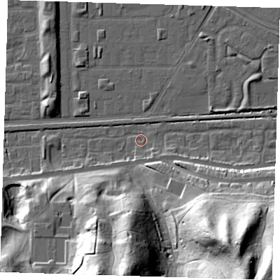 Shaded relief map of the ground around DA175RL, computed from Environment Agency LiDAR. The ground here sits at about 1 m above sea level and falls 50 m across the surrounding 800 m. Surface water reaching this point runs off ground lying to the south-east, 49.5 m higher.