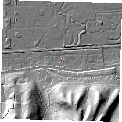 Shaded relief map of the ground around DA175RP, computed from Environment Agency LiDAR. The ground here sits at about 1 m above sea level and falls 51 m across the surrounding 800 m. Surface water reaching this point runs off ground lying to the south-south-east, 44.6 m higher.