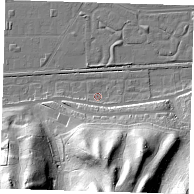 Shaded relief map of the ground around DA175RR, computed from Environment Agency LiDAR. The ground here sits at about 2 m above sea level and falls 52 m across the surrounding 800 m. Surface water reaching this point runs off ground lying to the south, 44.6 m higher.