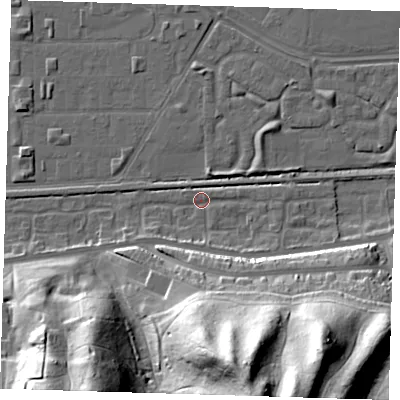Shaded relief map of the ground around DA175RS, computed from Environment Agency LiDAR. The ground here sits at about 1 m above sea level and falls 48 m across the surrounding 800 m. Surface water reaching this point runs off ground lying to the south-south-east, 44.9 m higher.