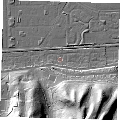 Shaded relief map of the ground around DA175RT, computed from Environment Agency LiDAR. The ground here sits at about 1 m above sea level and falls 51 m across the surrounding 800 m. Surface water reaching this point runs off ground lying to the south-south-east, 44.8 m higher.