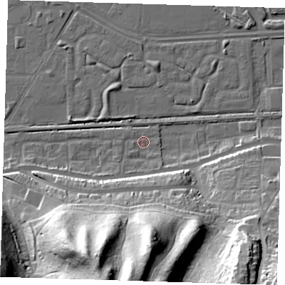 Shaded relief map of the ground around DA175RU, computed from Environment Agency LiDAR. The ground here sits at about 1 m above sea level and falls 49 m across the surrounding 800 m. Surface water reaching this point runs off ground lying to the south-south-west, 47.9 m higher.