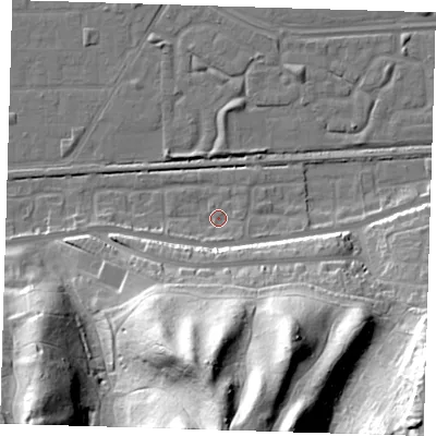 Shaded relief map of the ground around DA175RX, computed from Environment Agency LiDAR. The ground here sits at about 2 m above sea level and falls 51 m across the surrounding 800 m. Surface water reaching this point runs off ground lying to the south, 44.5 m higher.