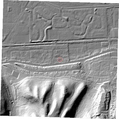 Shaded relief map of the ground around DA175RY, computed from Environment Agency LiDAR. The ground here sits at about 2 m above sea level and falls 51 m across the surrounding 800 m. Surface water reaching this point runs off ground lying to the south-south-west, 49.4 m higher.