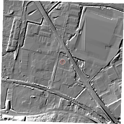 Shaded relief map of the ground around DA176AB, computed from Environment Agency LiDAR. The ground here sits at about 1 m above sea level and falls 13 m across the surrounding 800 m. Surface water reaching this point runs off ground lying to the north-north-east, 2.8 m higher.