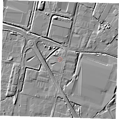 Shaded relief map of the ground around DA176AG, computed from Environment Agency LiDAR. The ground here sits at about 1 m above sea level and falls 7 m across the surrounding 800 m. Surface water reaching this point runs off ground lying to the south-south-east, 0.9 m higher.