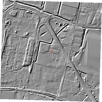 Shaded relief map of the ground around DA176AH, computed from Environment Agency LiDAR. The ground here sits at about 1 m above sea level and falls 4 m across the surrounding 800 m. Surface water reaching this point runs off ground lying to the west, 1.1 m higher.