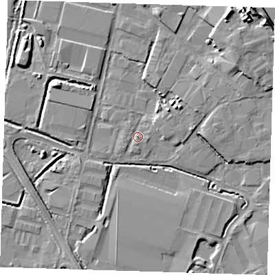 Shaded relief map of the ground around DA176AJ, computed from Environment Agency LiDAR. The ground here sits at about 2 m above sea level and falls 11 m across the surrounding 800 m. Surface water reaching this point runs off ground lying to the north-east, 1.5 m higher.