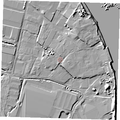 Shaded relief map of the ground around DA176AL, computed from Environment Agency LiDAR. The ground here sits at about 2 m above sea level and falls 15 m across the surrounding 800 m. Surface water reaching this point runs off ground lying to the east-north-east, 1.9 m higher.