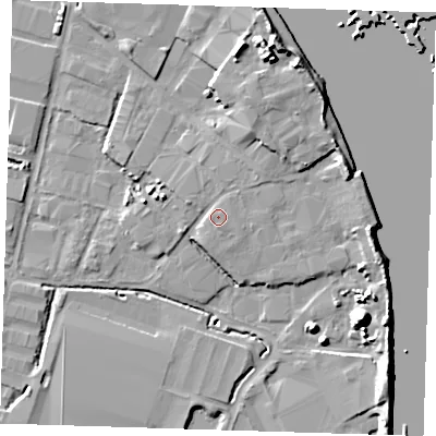 Shaded relief map of the ground around DA176AN, computed from Environment Agency LiDAR. The ground here sits at about 3 m above sea level and falls 15 m across the surrounding 800 m. Surface water reaching this point runs off ground lying to the north-east, 1.4 m higher.