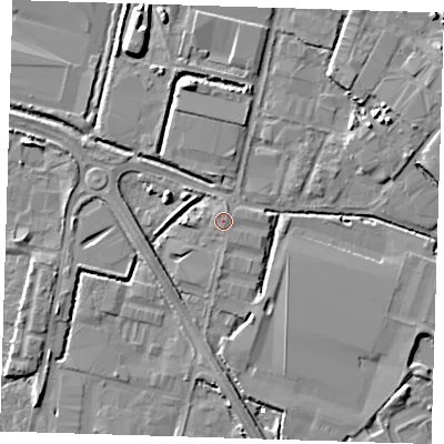 Shaded relief map of the ground around DA176AQ, computed from Environment Agency LiDAR. The ground here sits at about 2 m above sea level and falls 7 m across the surrounding 800 m. Surface water reaching this point runs off ground lying to the north-west, 0.6 m higher.