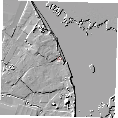Shaded relief map of the ground around DA176AR, computed from Environment Agency LiDAR. The ground here sits at about 2 m above sea level and falls 15 m across the surrounding 800 m. Surface water reaching this point runs off ground lying to the east, 3.9 m higher.