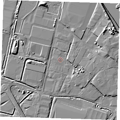Shaded relief map of the ground around DA176AS, computed from Environment Agency LiDAR. The ground here sits at about 1 m above sea level and falls 11 m across the surrounding 800 m. Surface water reaching this point runs off ground lying to the east-north-east, 10.0 m higher.