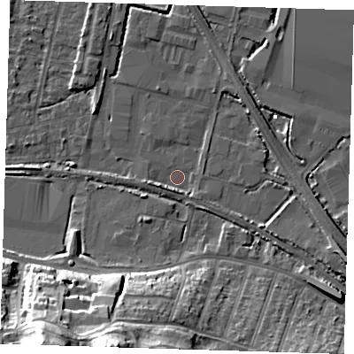 Shaded relief map of the ground around DA176AW, computed from Environment Agency LiDAR. The ground here sits at about 0 m above sea level and falls 33 m across the surrounding 800 m. Surface water reaching this point runs off ground lying to the west-south-west, 3.0 m higher.