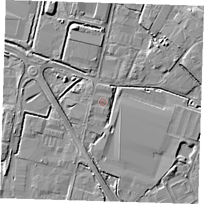 Shaded relief map of the ground around DA176AX, computed from Environment Agency LiDAR. The ground here sits at about 2 m above sea level and falls 8 m across the surrounding 800 m. Surface water reaching this point runs off ground lying to the west-south-west, 0.7 m higher.