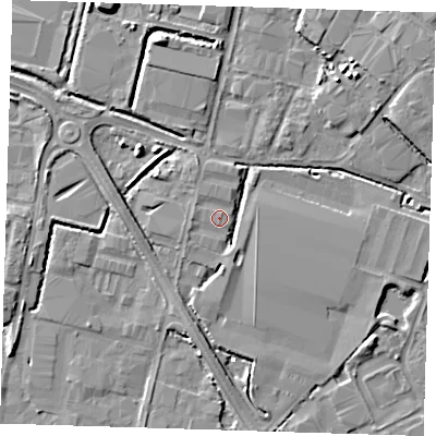 Shaded relief map of the ground around DA176AY, computed from Environment Agency LiDAR. The ground here sits at about 1 m above sea level and falls 8 m across the surrounding 800 m. Surface water reaching this point runs off ground lying to the west, 0.8 m higher.