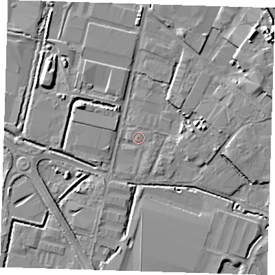 Shaded relief map of the ground around DA176AZ, computed from Environment Agency LiDAR. The ground here sits at about 1 m above sea level and falls 11 m across the surrounding 800 m. The ground contributing surface water to this point lies to the south-west.
