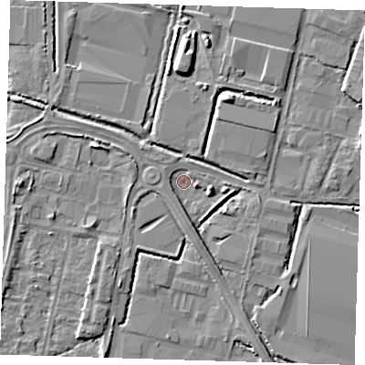 Shaded relief map of the ground around DA176BG, computed from Environment Agency LiDAR. The ground here sits at about 0 m above sea level and falls 7 m across the surrounding 800 m. Surface water reaching this point runs off ground lying to the east-south-east, 3.8 m higher.