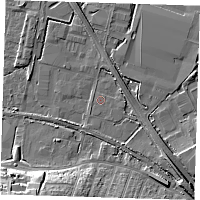 Shaded relief map of the ground around DA176BH, computed from Environment Agency LiDAR. The ground here sits at about 1 m above sea level and falls 20 m across the surrounding 800 m. Surface water reaching this point runs off ground lying to the south-east, 5.6 m higher.