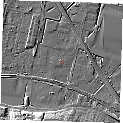Shaded relief map of the ground around DA176BJ, computed from Environment Agency LiDAR. The ground here sits at about 1 m above sea level and falls 15 m across the surrounding 800 m. The ground contributing surface water to this point lies to the west-south-west.