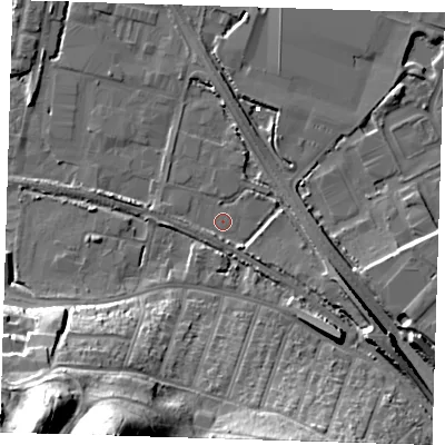 Shaded relief map of the ground around DA176BP, computed from Environment Agency LiDAR. The ground here sits at about 1 m above sea level and falls 40 m across the surrounding 800 m. Surface water reaching this point runs off ground lying to the east-south-east, 5.3 m higher.