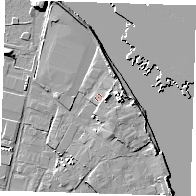 Shaded relief map of the ground around DA176BS, computed from Environment Agency LiDAR. The ground here sits at about 4 m above sea level and falls 10 m across the surrounding 800 m. Surface water reaching this point runs off ground lying to the east-south-east, 4.3 m higher.