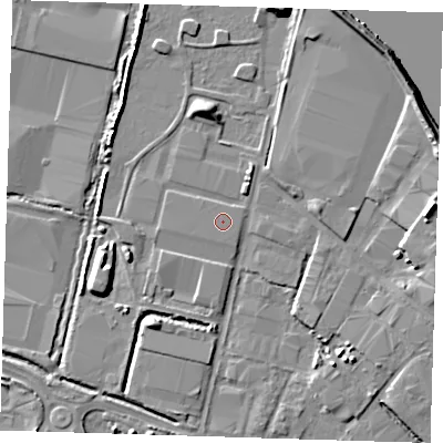 Shaded relief map of the ground around DA176BT, computed from Environment Agency LiDAR. The ground here sits at about 2 m above sea level and falls 10 m across the surrounding 800 m. The ground contributing surface water to this point lies to the west-south-west.
