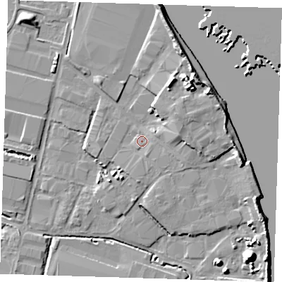 Shaded relief map of the ground around DA176BU, computed from Environment Agency LiDAR. The ground here sits at about 2 m above sea level and falls 15 m across the surrounding 800 m. Surface water reaching this point runs off ground lying to the south-south-east, 1.5 m higher.