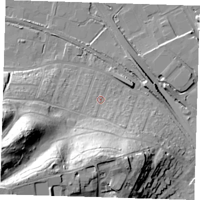 Shaded relief map of the ground around DA176DA, computed from Environment Agency LiDAR. The ground here sits at about 6 m above sea level and falls 46 m across the surrounding 800 m. Surface water reaching this point runs off ground lying to the south, 35.6 m higher.