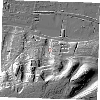 Shaded relief map of the ground around DA176DB, computed from Environment Agency LiDAR. The ground here sits at about 14 m above sea level and falls 52 m across the surrounding 800 m. Surface water reaching this point runs off ground lying to the south-south-west, 39.6 m higher.