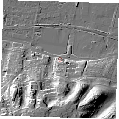 Shaded relief map of the ground around DA176DE, computed from Environment Agency LiDAR. The ground here sits at about 6 m above sea level and falls 51 m across the surrounding 800 m. Surface water reaching this point runs off ground lying to the south, 14.9 m higher.