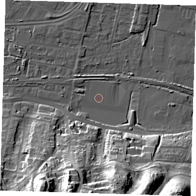 Shaded relief map of the ground around DA176DF, computed from Environment Agency LiDAR. The ground here sits at about 1 m above sea level and falls 43 m across the surrounding 800 m. Surface water reaching this point runs off ground lying to the south-south-west, 43.1 m higher.