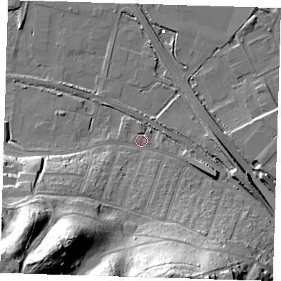 Shaded relief map of the ground around DA176DQ, computed from Environment Agency LiDAR. The ground here sits at about 2 m above sea level and falls 48 m across the surrounding 800 m. Surface water reaching this point runs off ground lying to the south-west, 43.0 m higher.