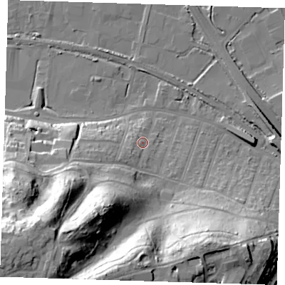Shaded relief map of the ground around DA176DS, computed from Environment Agency LiDAR. The ground here sits at about 8 m above sea level and falls 49 m across the surrounding 800 m. Surface water reaching this point runs off ground lying to the south-west, 41.7 m higher.