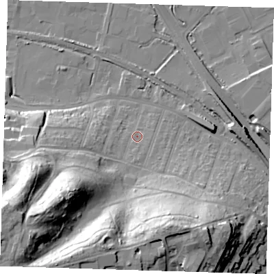 Shaded relief map of the ground around DA176DT, computed from Environment Agency LiDAR. The ground here sits at about 6 m above sea level and falls 48 m across the surrounding 800 m. Surface water reaching this point runs off ground lying to the south-west, 33.0 m higher.