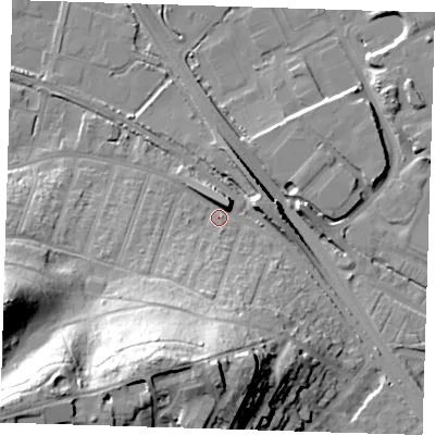 Shaded relief map of the ground around DA176DU, computed from Environment Agency LiDAR. The ground here sits at about 3 m above sea level and falls 44 m across the surrounding 800 m. Surface water reaching this point runs off ground lying to the south-south-west, 38.2 m higher.