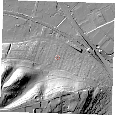 Shaded relief map of the ground around DA176DX, computed from Environment Agency LiDAR. The ground here sits at about 6 m above sea level and falls 47 m across the surrounding 800 m. Surface water reaching this point runs off ground lying to the south-west, 41.4 m higher.