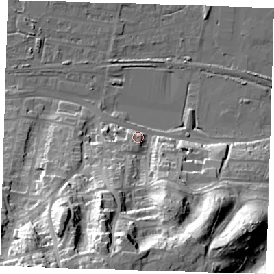 Shaded relief map of the ground around DA176DY, computed from Environment Agency LiDAR. The ground here sits at about 9 m above sea level and falls 51 m across the surrounding 800 m. Surface water reaching this point runs off ground lying to the south-south-west, 9.6 m higher.