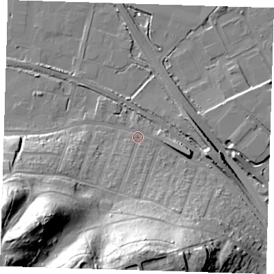 Shaded relief map of the ground around DA176DZ, computed from Environment Agency LiDAR. The ground here sits at about 3 m above sea level and falls 47 m across the surrounding 800 m. Surface water reaching this point runs off ground lying to the south-west, 44.5 m higher.
