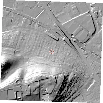 Shaded relief map of the ground around DA176EA, computed from Environment Agency LiDAR. The ground here sits at about 7 m above sea level and falls 44 m across the surrounding 800 m. Surface water reaching this point runs off ground lying to the south-south-west, 34.6 m higher.