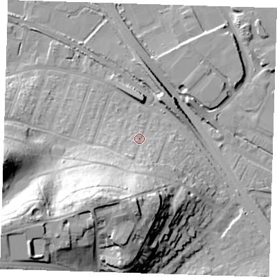 Shaded relief map of the ground around DA176EB, computed from Environment Agency LiDAR. The ground here sits at about 7 m above sea level and falls 43 m across the surrounding 800 m. Surface water reaching this point runs off ground lying to the south-south-west, 34.2 m higher.