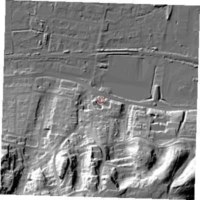 Shaded relief map of the ground around DA176EJ, computed from Environment Agency LiDAR. The ground here sits at about 6 m above sea level and falls 50 m across the surrounding 800 m. Surface water reaching this point runs off ground lying to the south, 10.8 m higher.