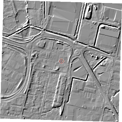 Shaded relief map of the ground around DA176FB, computed from Environment Agency LiDAR. The ground here sits at about 1 m above sea level and falls 7 m across the surrounding 800 m. Surface water reaching this point runs off ground lying to the east-north-east, 1.7 m higher.