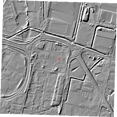 Shaded relief map of the ground around DA176FD, computed from Environment Agency LiDAR. The ground here sits at about 1 m above sea level and falls 7 m across the surrounding 800 m. Surface water reaching this point runs off ground lying to the north, 2.9 m higher.