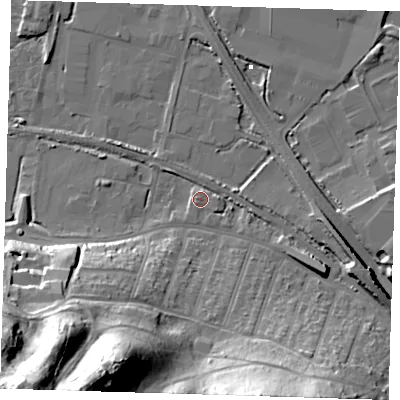 Shaded relief map of the ground around DA176FE, computed from Environment Agency LiDAR. The ground here sits at about 2 m above sea level and falls 48 m across the surrounding 800 m. Surface water reaching this point runs off ground lying to the south-west, 46.1 m higher.