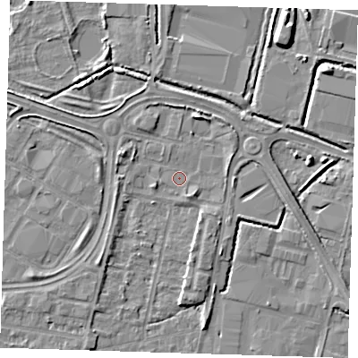 Shaded relief map of the ground around DA176FF, computed from Environment Agency LiDAR. The ground here sits at about 1 m above sea level and falls 7 m across the surrounding 800 m. Surface water reaching this point runs off ground lying to the north-north-east, 2.9 m higher.