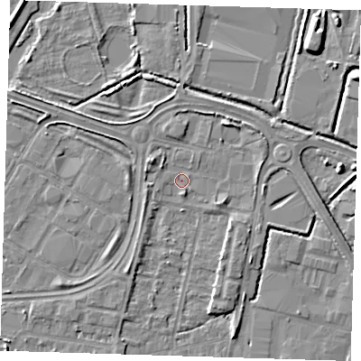 Shaded relief map of the ground around DA176FG, computed from Environment Agency LiDAR. The ground here sits at about 1 m above sea level and falls 7 m across the surrounding 800 m. Surface water reaching this point runs off ground lying to the west-south-west, 1.0 m higher.