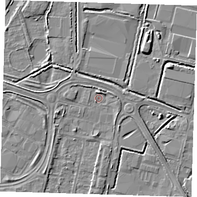 Shaded relief map of the ground around DA176FH, computed from Environment Agency LiDAR. The ground here sits at about 1 m above sea level and falls 7 m across the surrounding 800 m. Surface water reaching this point runs off ground lying to the north, 2.8 m higher.