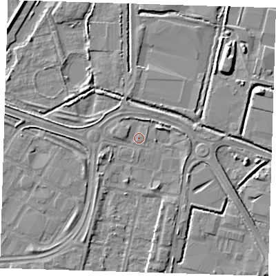 Shaded relief map of the ground around DA176FP, computed from Environment Agency LiDAR. The ground here sits at about 1 m above sea level and falls 7 m across the surrounding 800 m. Surface water reaching this point runs off ground lying to the east-north-east, 2.8 m higher.