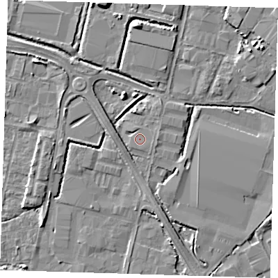 Shaded relief map of the ground around DA176FQ, computed from Environment Agency LiDAR. The ground here sits at about 1 m above sea level and falls 7 m across the surrounding 800 m. Surface water reaching this point runs off ground lying to the south-east, 2.6 m higher.
